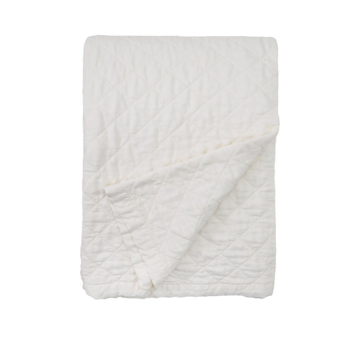 Oversized quilted throw blanket in off-white with diamond stitch pattern, folded