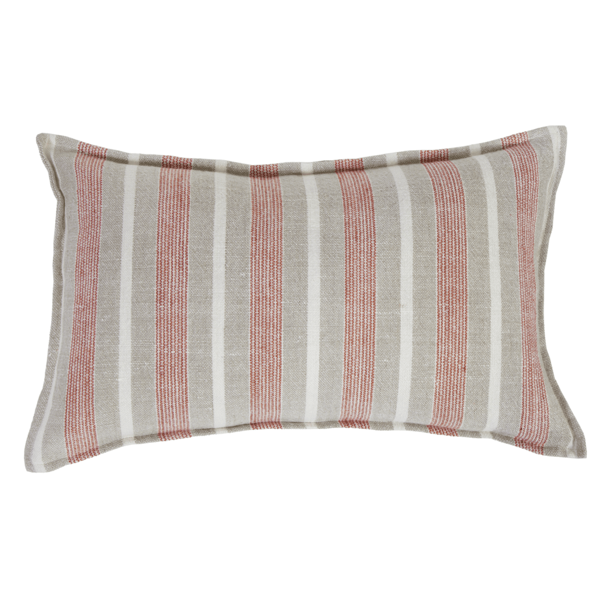 Striped throw pillow with coral and taupe vertical stripes, rectangular cushion