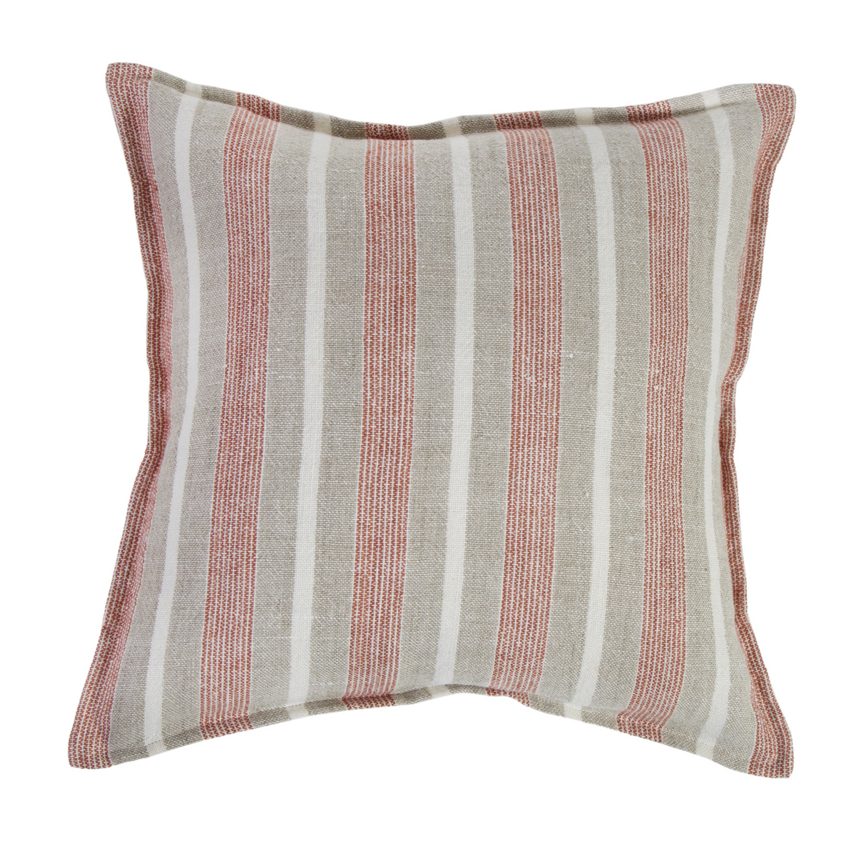 Striped throw pillow with coral and taupe vertical bands on off-white background