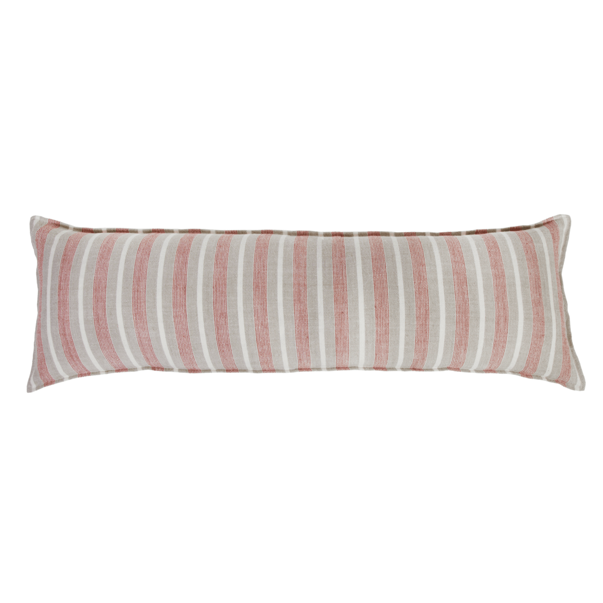 Striped bolster pillow with coral and taupe vertical bands