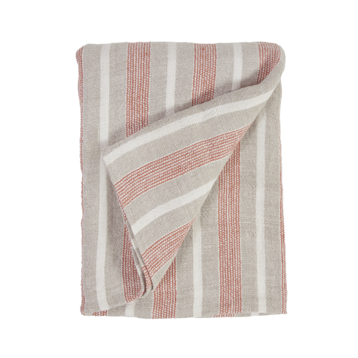 Striped throw blanket with coral-and-taupe vertical stripes, folded with layered edge