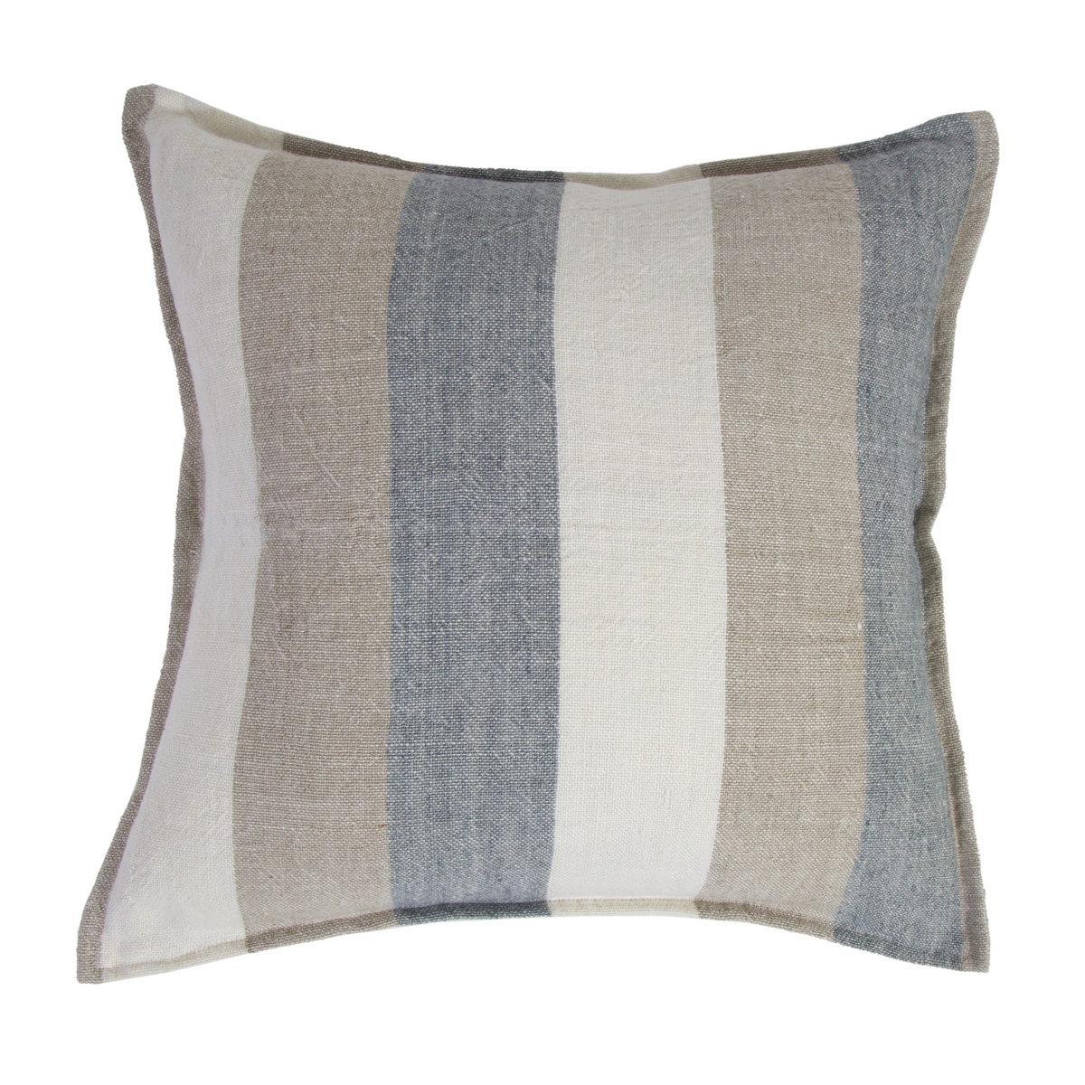 Square throw pillow with blue, beige, and white vertical stripe pattern