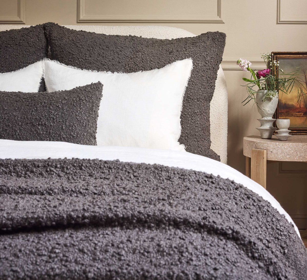 Large decorative pillow with insert, dark charcoal textured cover and square shape