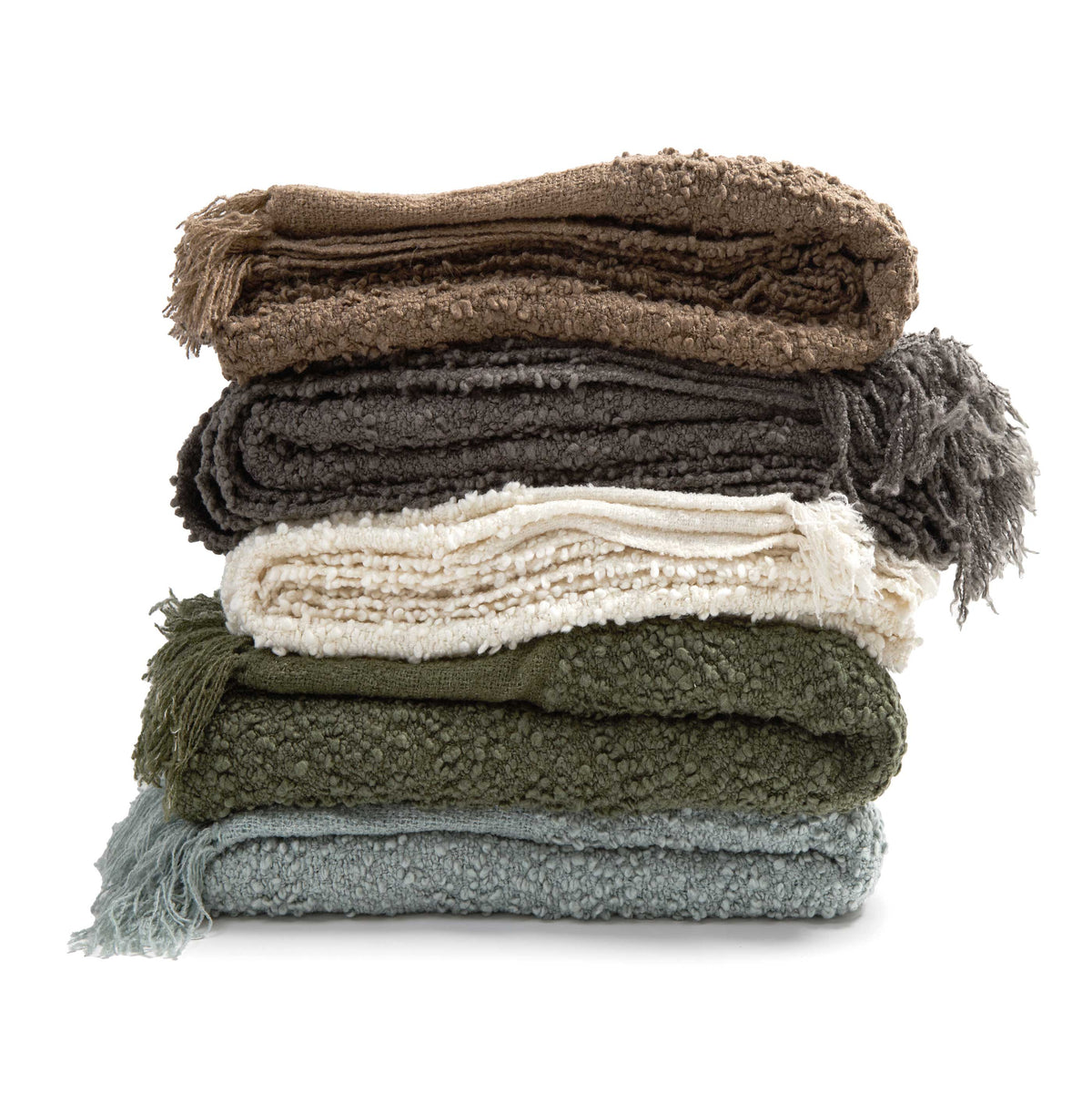 Murphy oversized throw set in five colors, neatly stacked with fringed edges