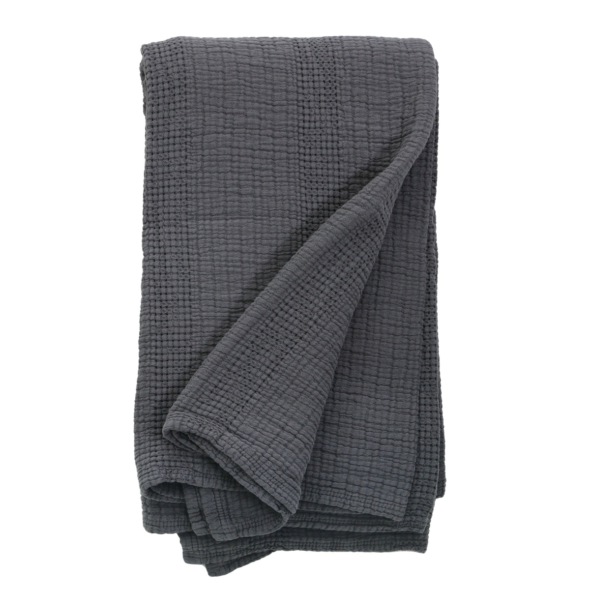 Charcoal grey oversized throw blanket with waffle-knit texture, folded edge