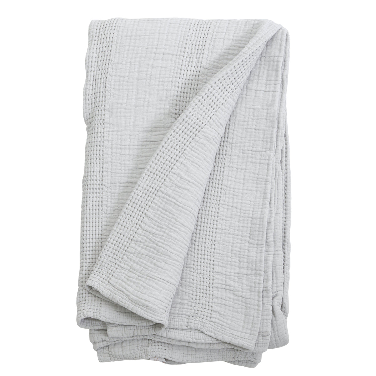Light grey oversized throw blanket with waffle texture and folded drape