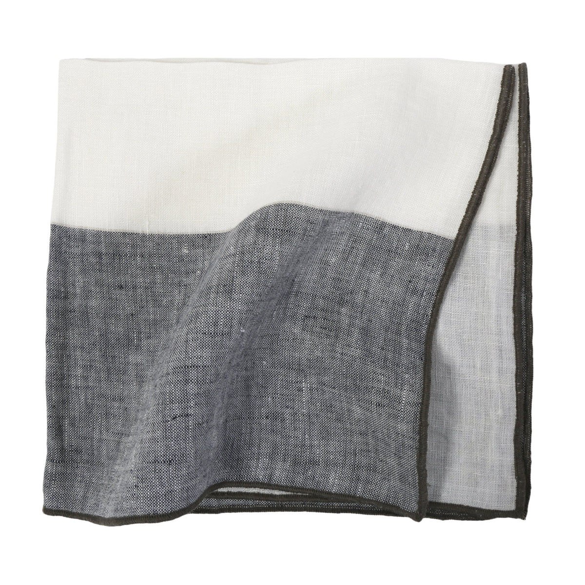 Single two-tone napkin in white and gray with dark stitched border and neat hem
