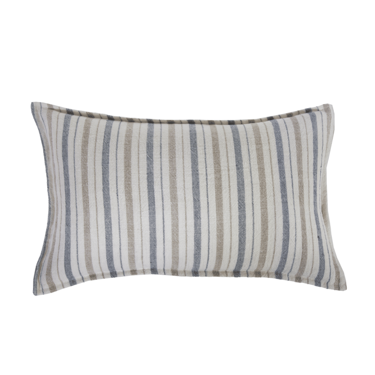 Blue and beige striped lumbar pillow with vertical line pattern and piped edges
