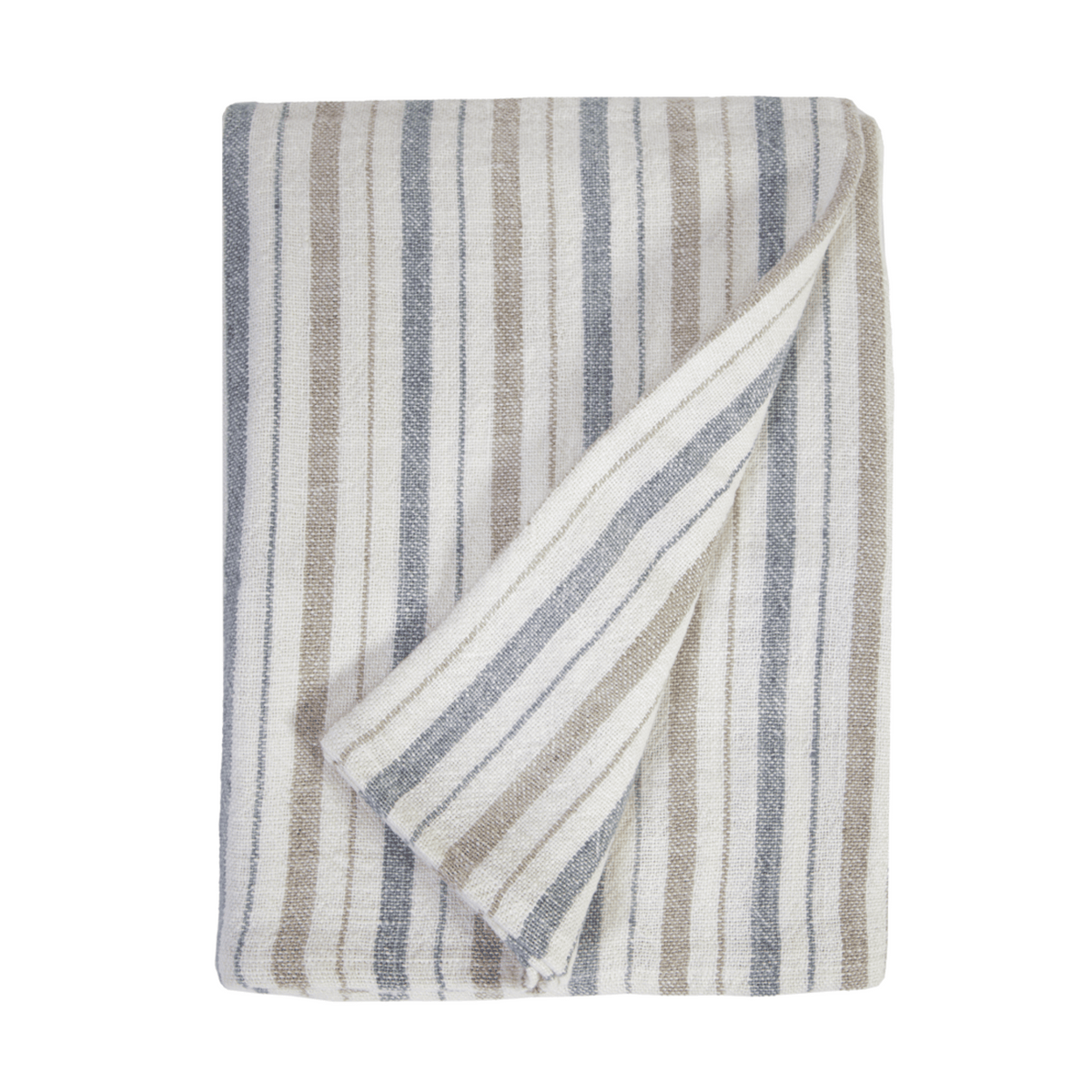 Folded striped Naples blanket in blue and beige with horizontal and diagonal folds