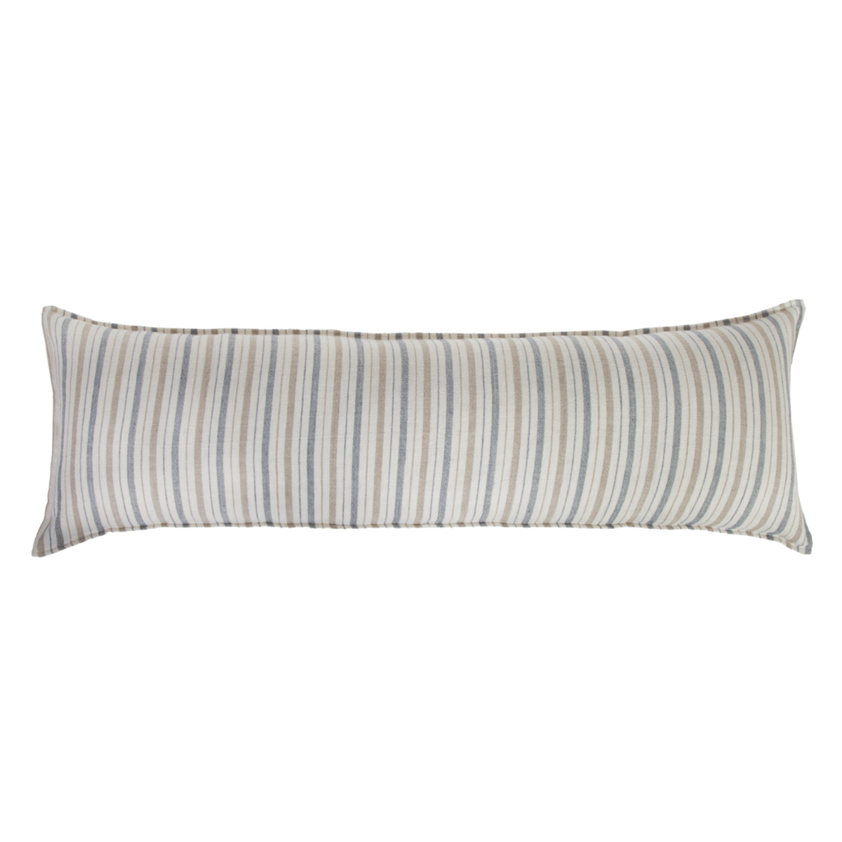 Long striped pillow with blue and beige vertical lines and straight stitched seams