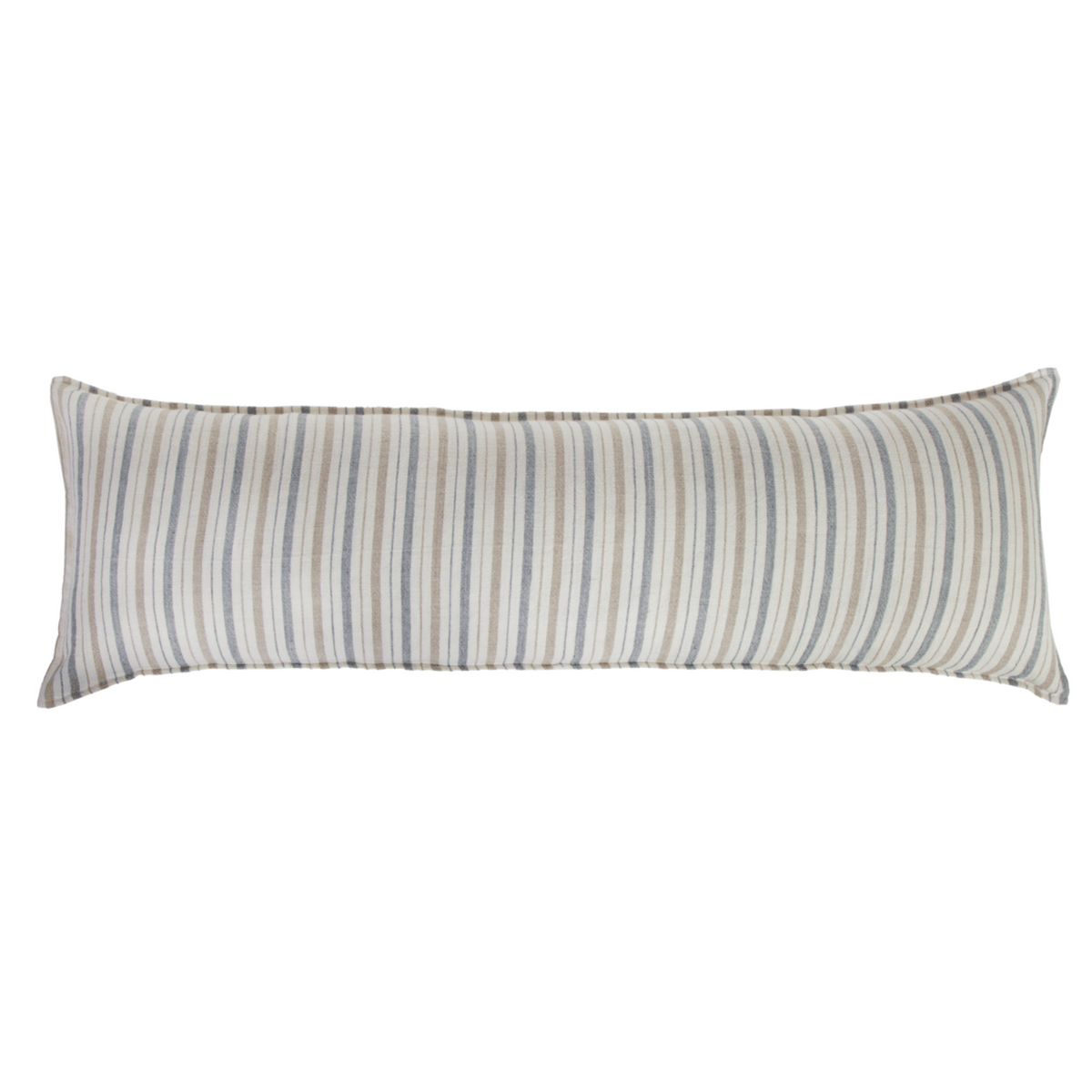 Striped body pillow with light gray and white vertical lines, long rectangular shape
