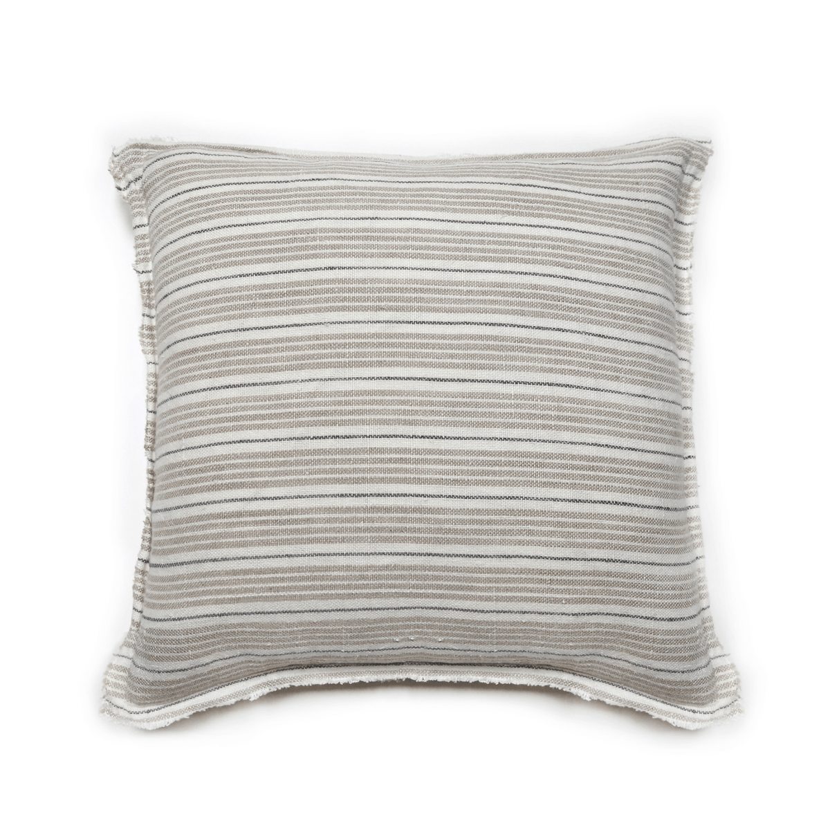 Striped square throw pillow with vertical gray lines and tassel trim edges