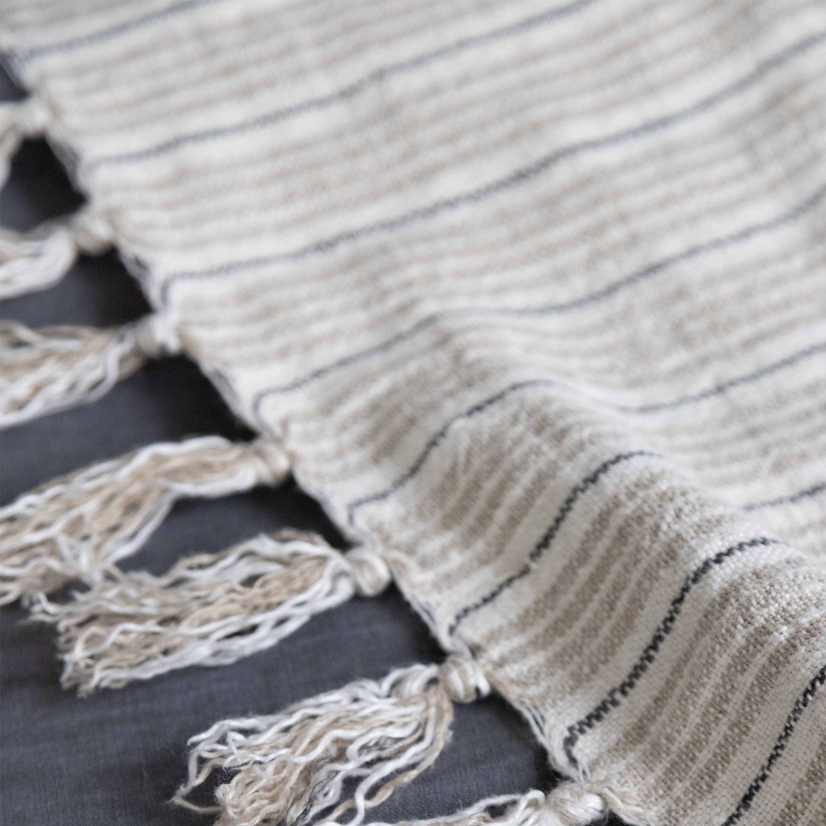 Close-up of striped blanket fabric with knotted fringe trim along the edge