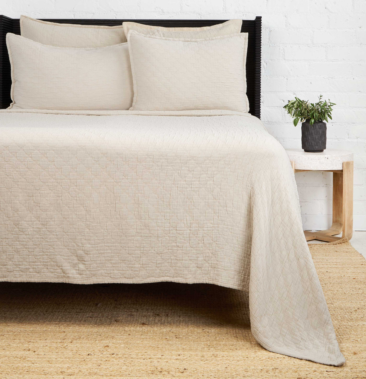 Ojai Matelasse quilt with matching envelope shams, light cream matelasse texture