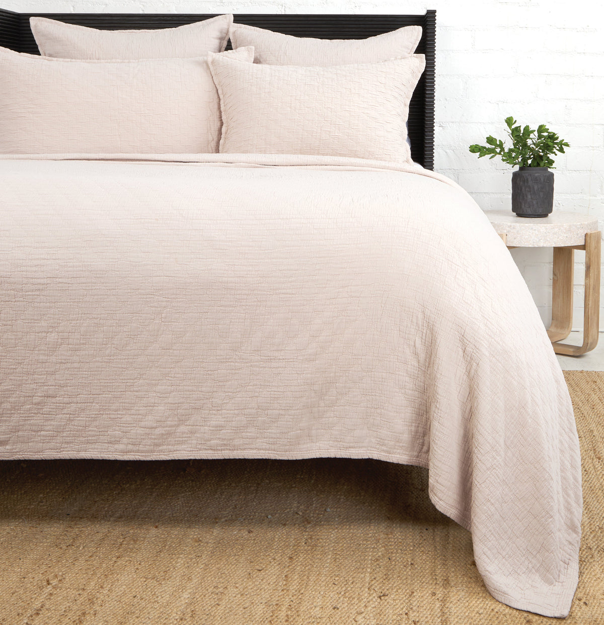 Ojai Matelasse quilt with matching envelope shams, soft blush matelasse weave
