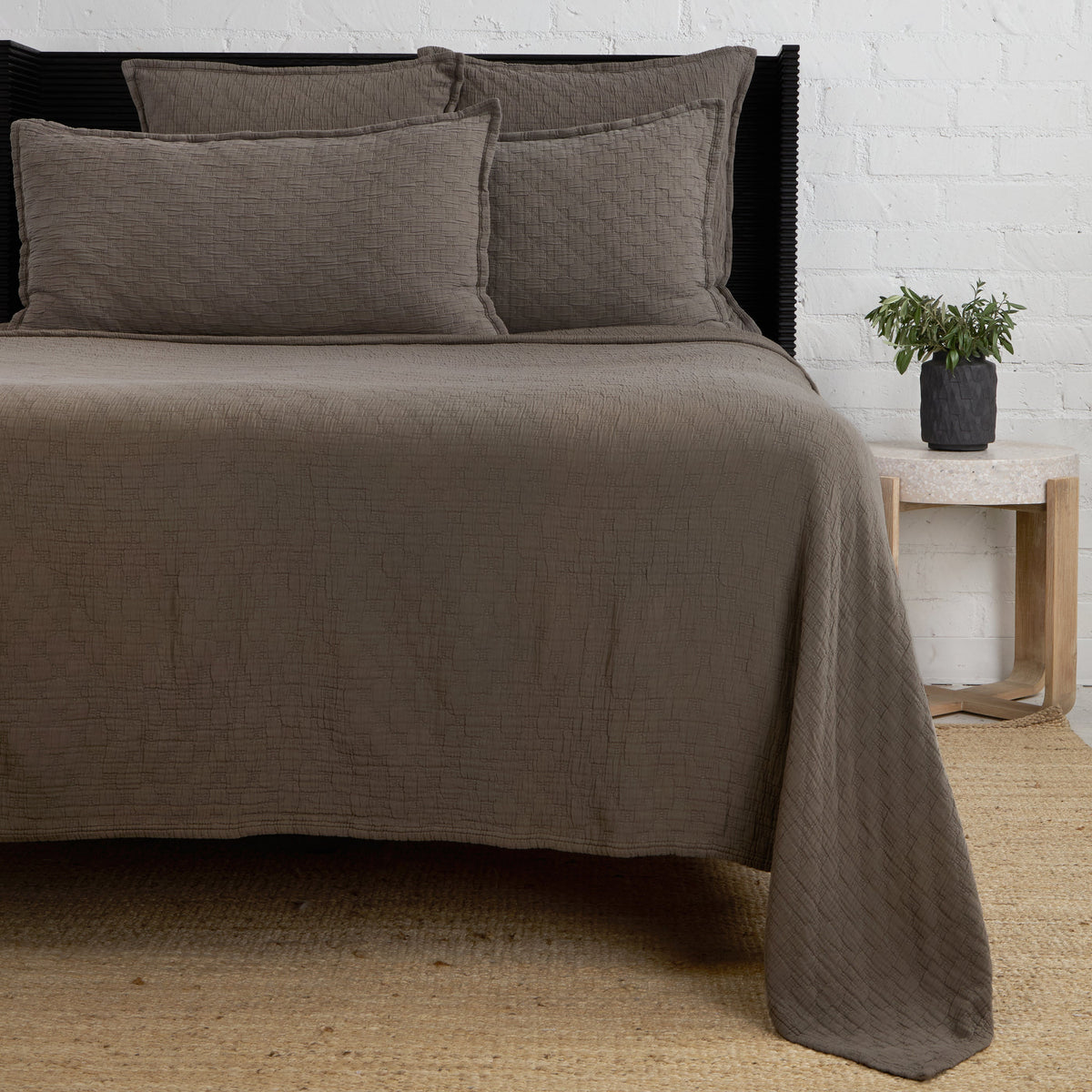 Ojai Matelasse quilt with matching envelope shams, medium gray matelasse texture