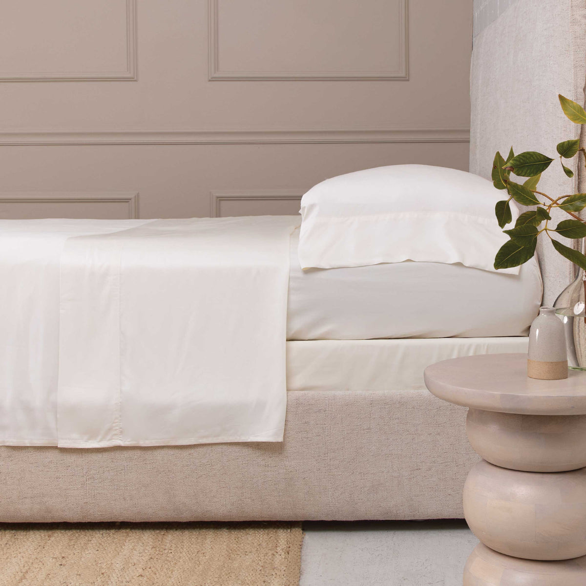 Bamboo sateen sheet set, white fitted and flat sheets with pillowcase pair