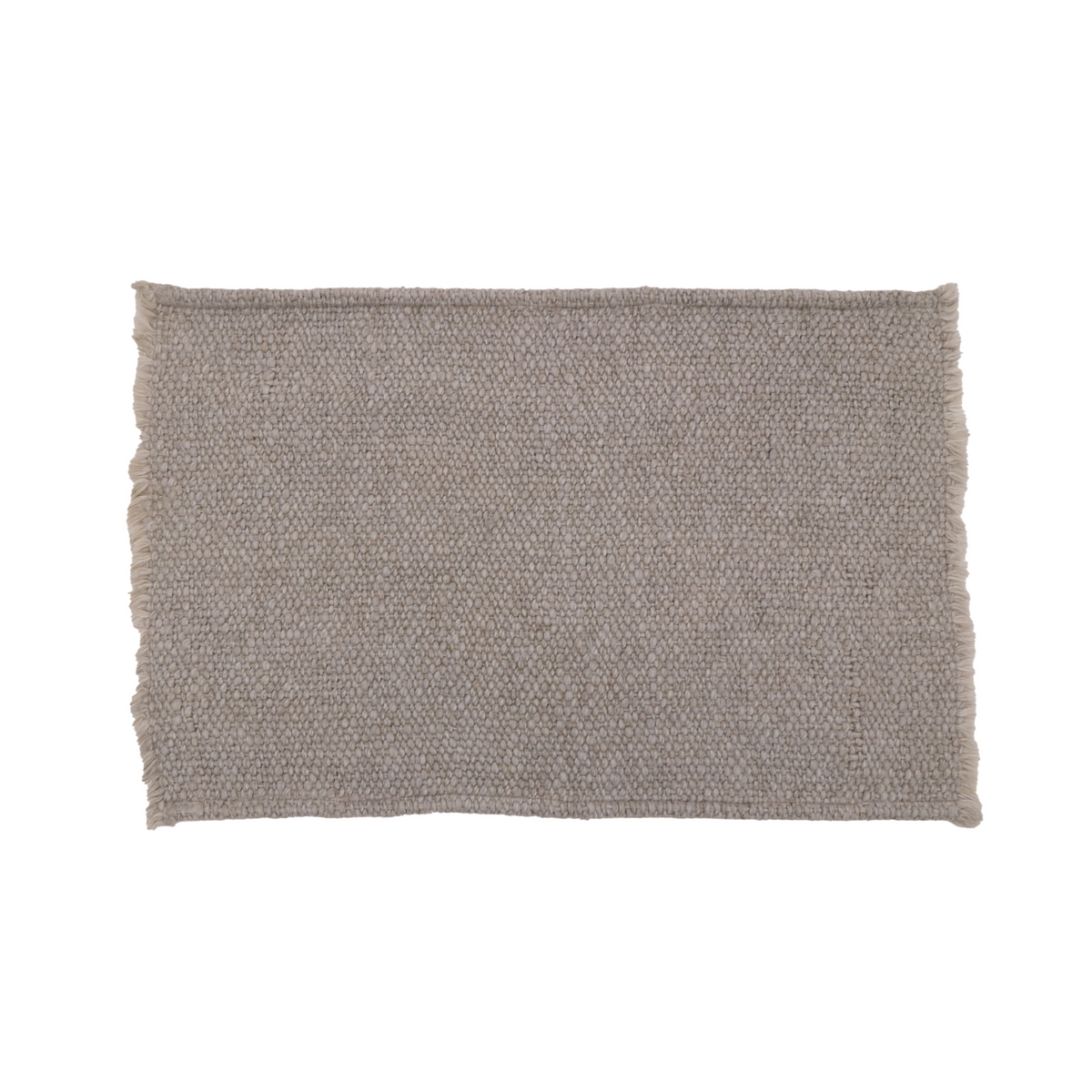 Light grey woven placemat with textured surface and fringed edges