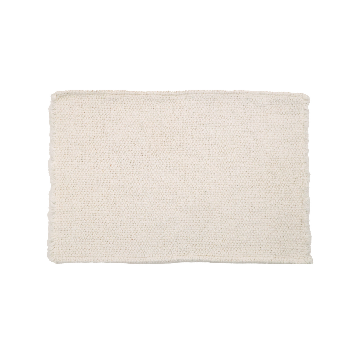 White woven placemat with textured surface and fringed edges