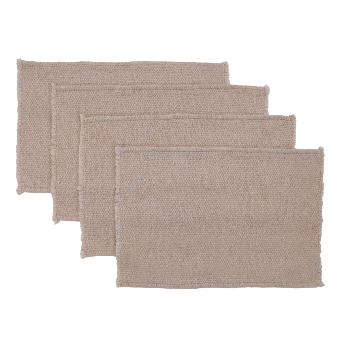 Set of woven placemats in white, natural, light grey, and navy with fringed borders