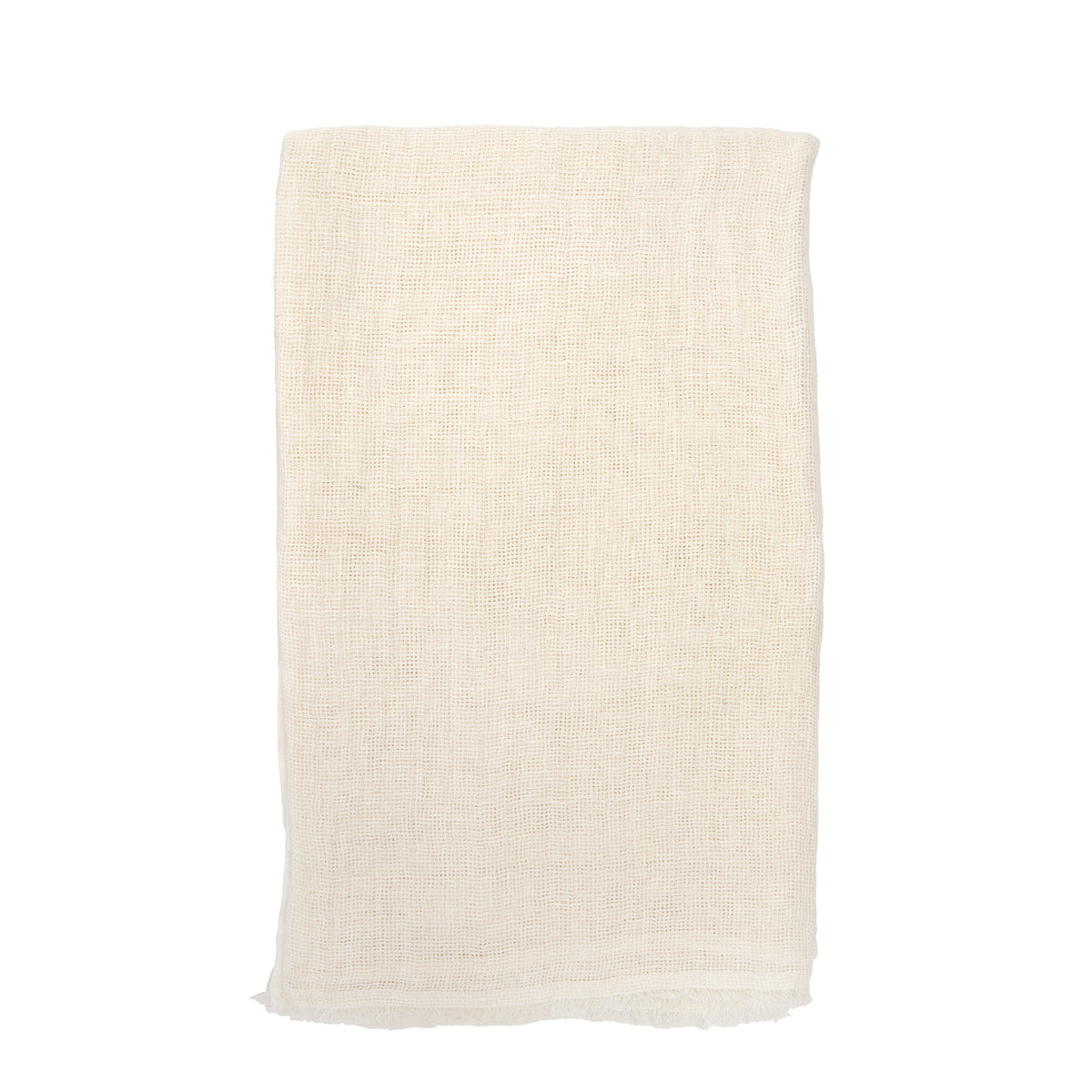 Cream oversized knit throw blanket, folded with fringed hem on a white background.