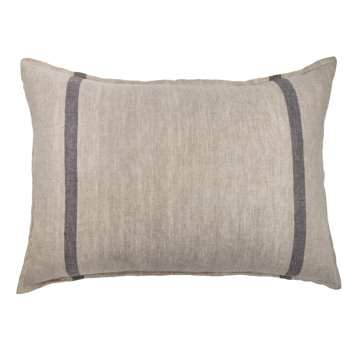 Beige linen-look pillow sham with dark gray stripe border on a white background.