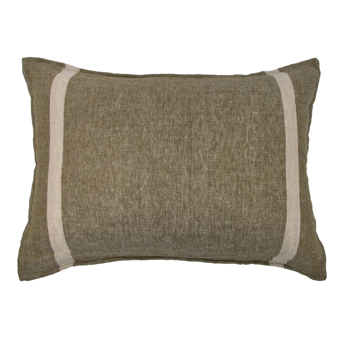 Olive-brown linen-look pillow sham with light cream stripe border on a white background.