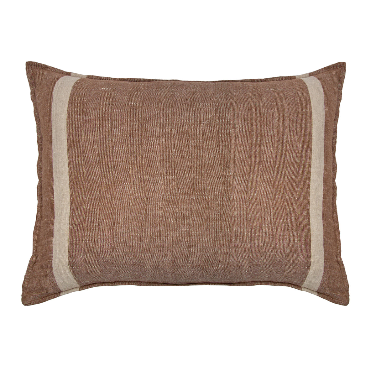 Brown linen-look pillow sham with light beige stripe border on a white background.
