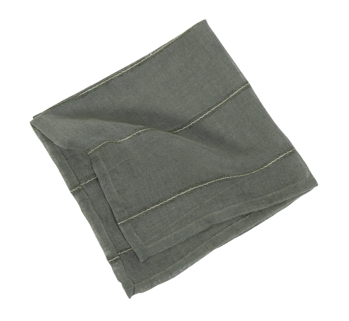 Olive green cloth napkins with contrast-stitched borders, folded set of two