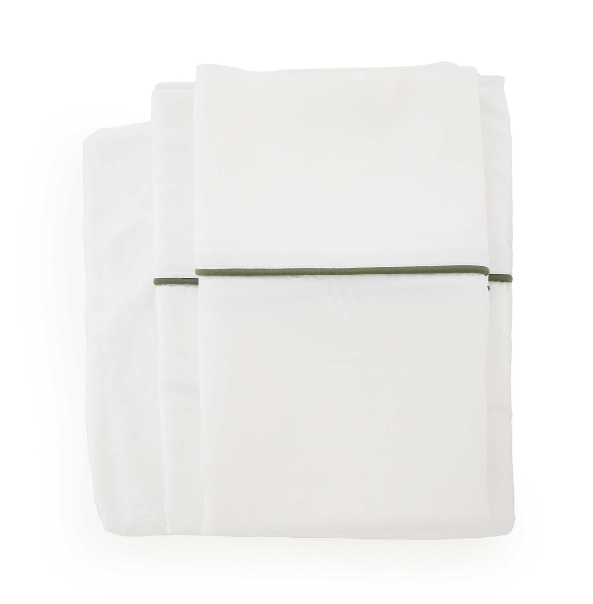 Bamboo sateen sheet set, white sheets with moss-green piping; folded pillowcases on a white background.