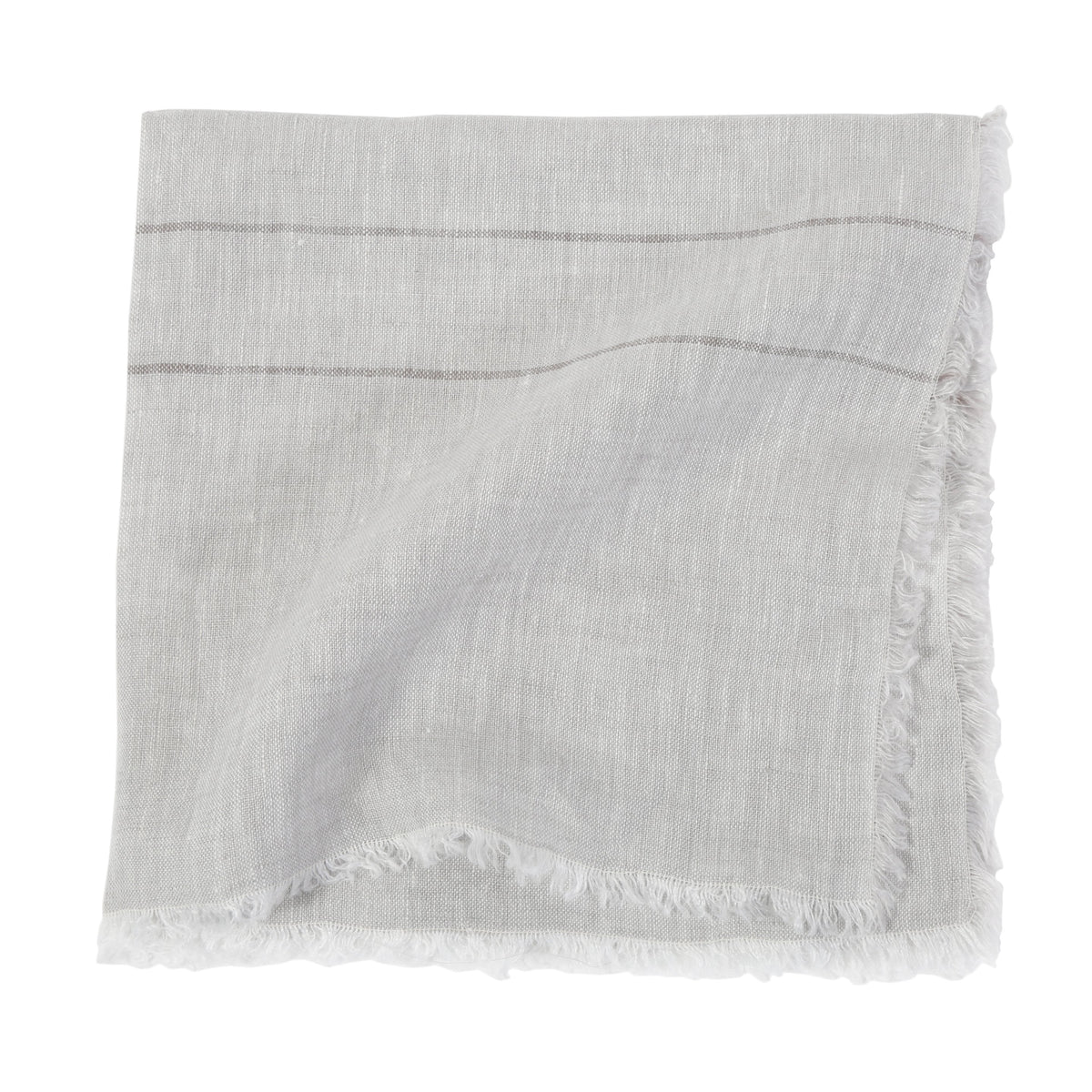 White linen napkin with subtle woven texture, thin stripe line, and frayed border