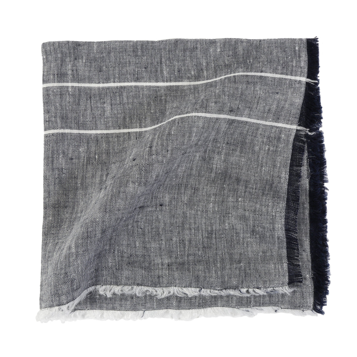 Dark grey linen napkin with thin white curved stripe lines and frayed edges