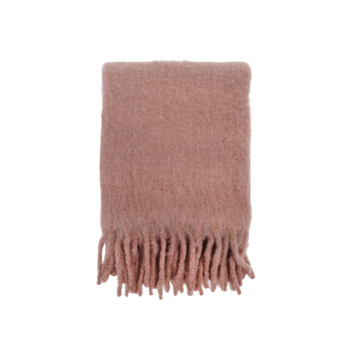 Dusty rose throw with soft texture and long fringe hem