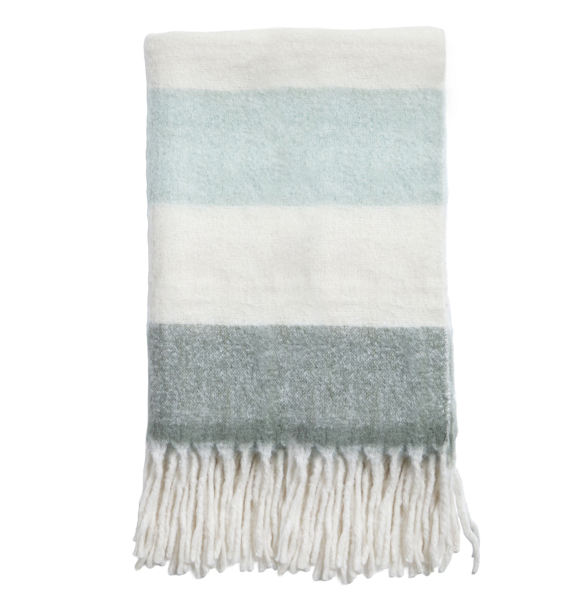 Two-tone striped throw blanket: light blue, white, gray; fringed border