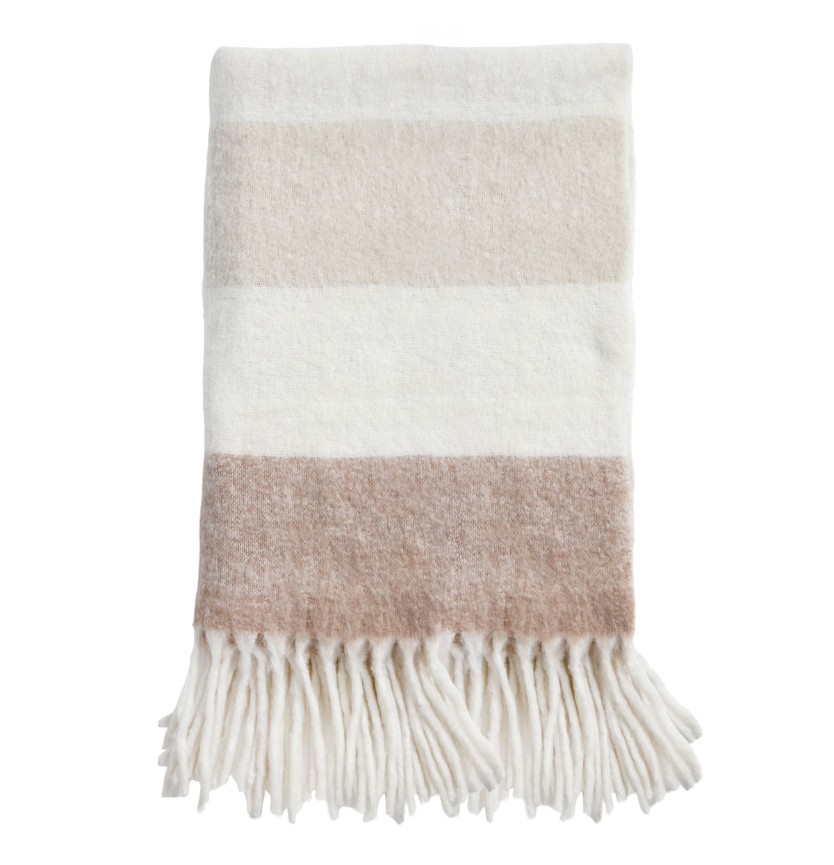 Two-tone striped throw blanket: white, taupe-beige, brown; fringed border