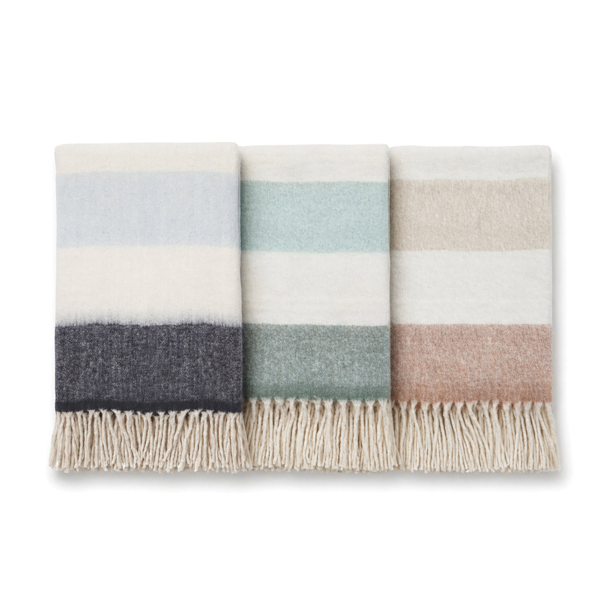 Whistler throw set: three striped throws in natural, moss green, and pale blue with navy band.
