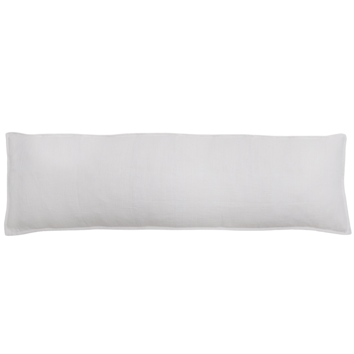 White 18x60 body pillow with insert, long rectangular smooth woven fabric.