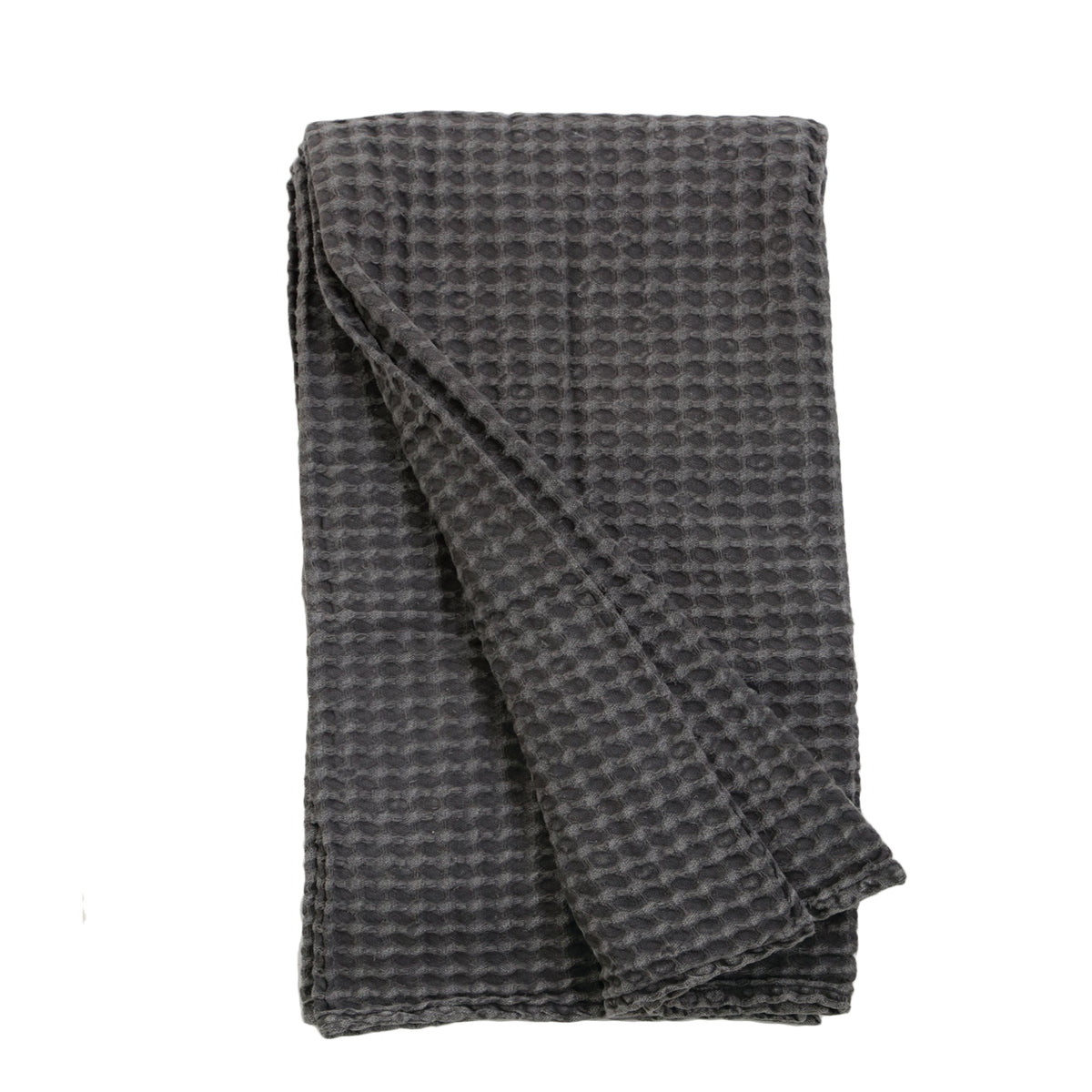 Charcoal waffle-knit throw blanket with folded corner drape